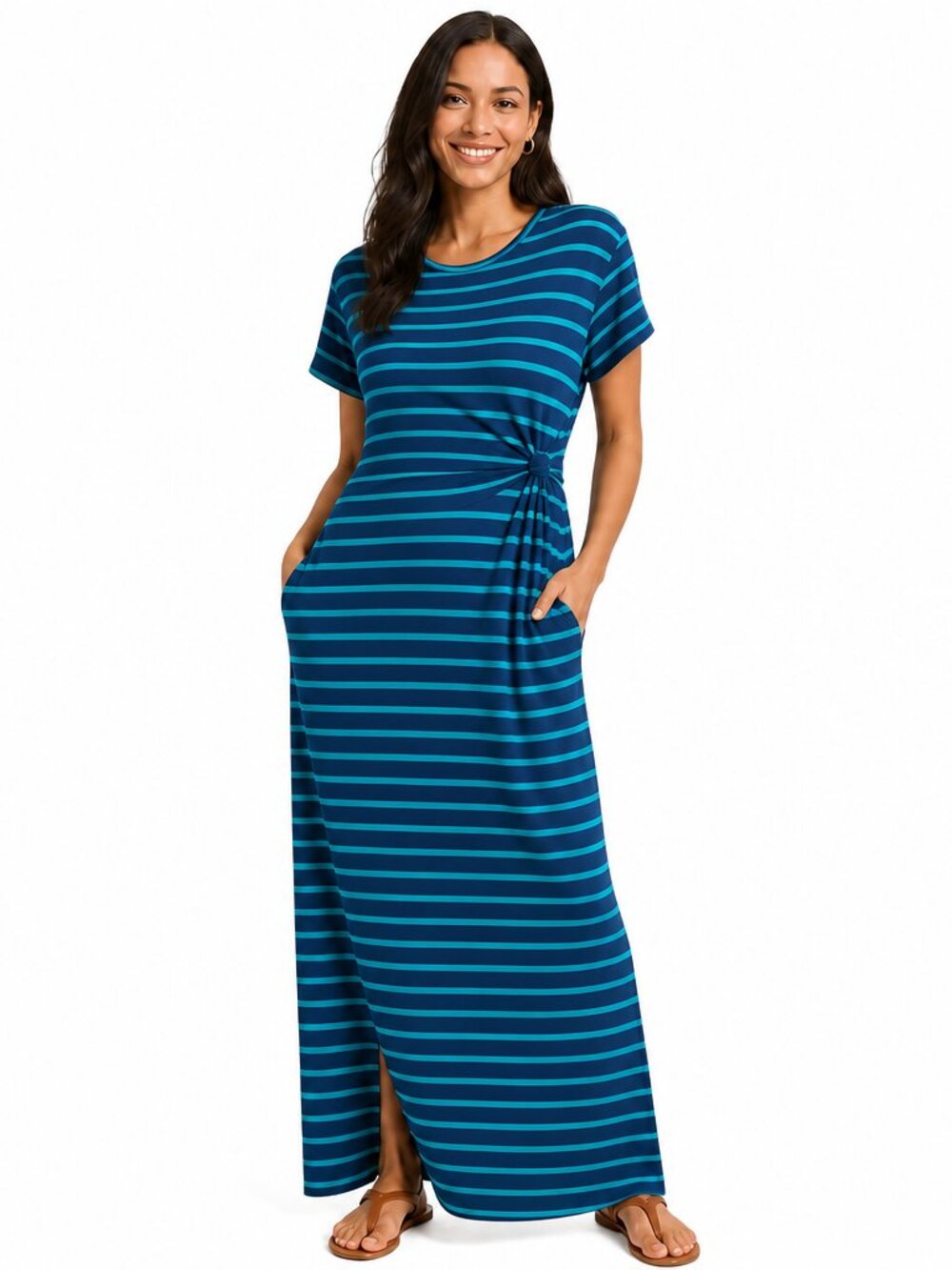 LOFT Blue and Green Striped Maxi Dress Size Medium